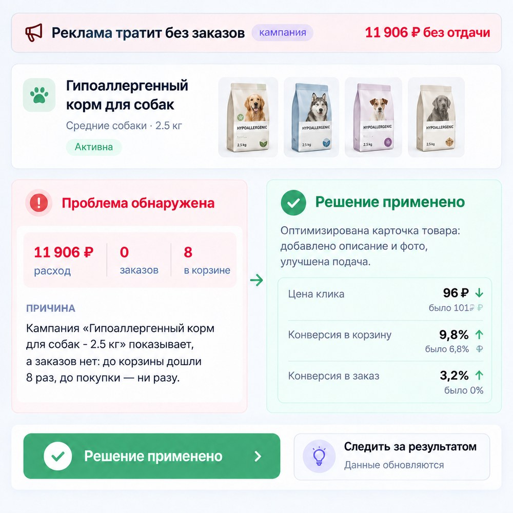 Решение применено: цена клика 96 ₽ вместо 101, конверсия в заказ 3,2 % вместо нуля